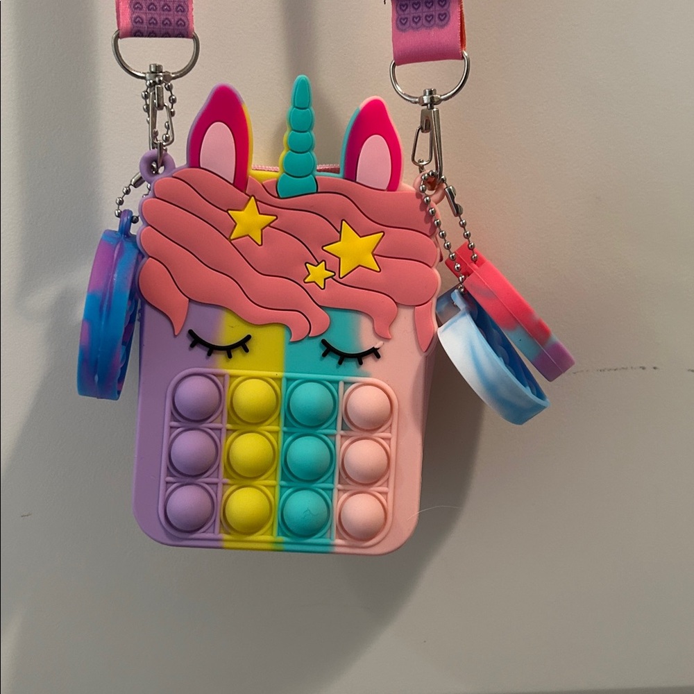 POP IT Unicorn ZipUp crossbody adjust strap bag multicolored silicone +keychains